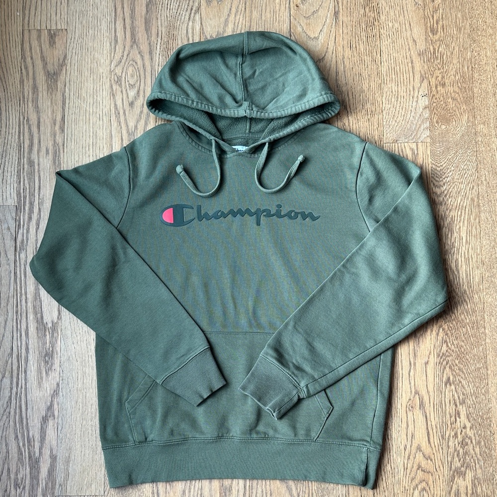 Champion Olive Green Hoodie Men’s Small Script Logo Pullover Sweatshirt